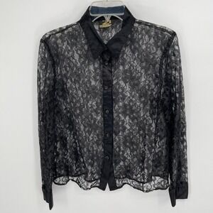 Rue 21 Women's Black Sheer Floral Lace Button Up Shirt Size XS-S